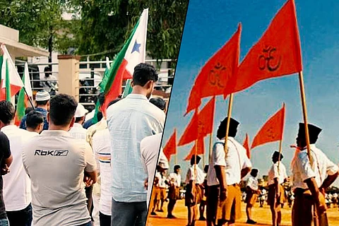 Collage of SDPI and RSS workers holding flags