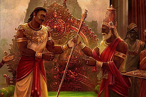 Illustration of a king being handed the sceptre