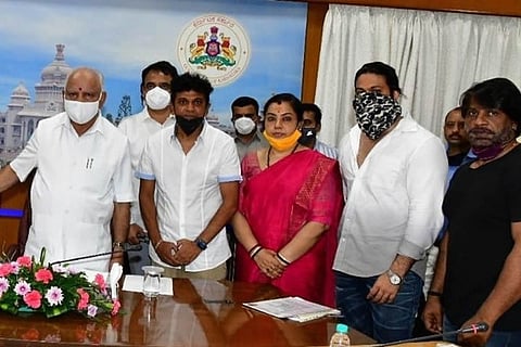 Actor Shiva Rajkumar and others from Kannada film industry with Karnataka CM Yediyurappa