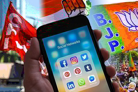 Social media apps on a phone with political party flags in the background