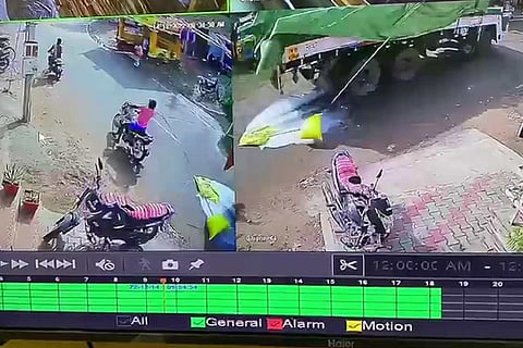 A screengrab from the CCTV footage of Muthu being entangled in the rope from the truck