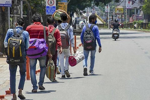 Migrant labour walking on road
