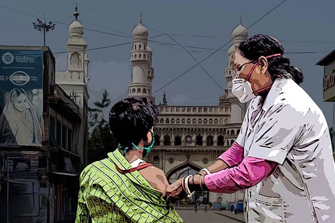 A woman vaccinating a poor man and a charminar in the background