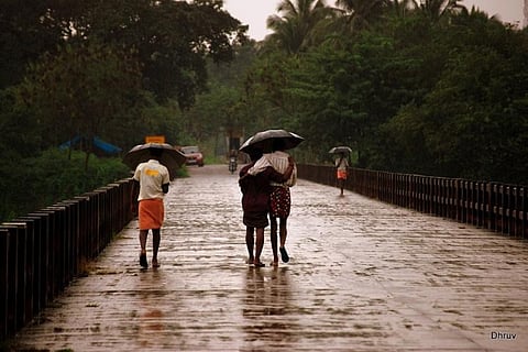 People walking in rain holding umbrellas