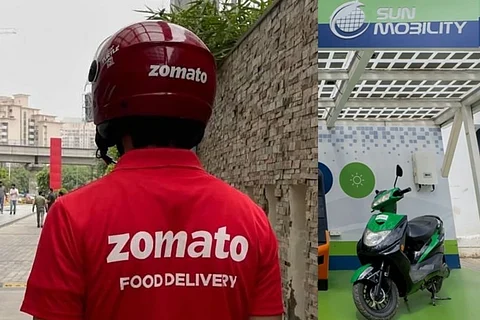 A Zomato food delivery worker, and SUN Mobility EV bikes