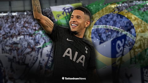 Savinho in a Tottenham kit, with a Brazil flag behind him