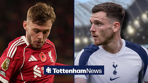 Conor Bradley in action for Liverpool, Tottenham signing Andy Robertson.