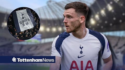 Andy Robertson in a Tottenham shirt, Tottenham fans in inset.