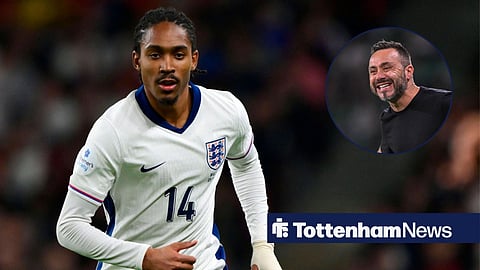 Tottenham star Djed Spence in an England shirt, Roberto De Zerbi in inset.