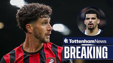 Marcos Senesi in action for AFC Bournemouth and Tottenham Hotspur's Dominic Solanke in action.