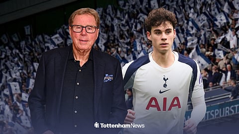 Harry Redknapp and Archie Gray pictured side by side, with Tottenham Hotspur Stadium behind them