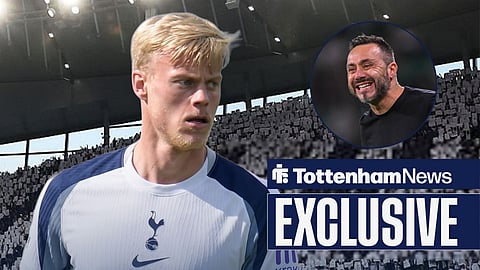 Jan Paul van Hecke in a Tottenham shirt, with Roberto De Zerbi in a circular frame inset