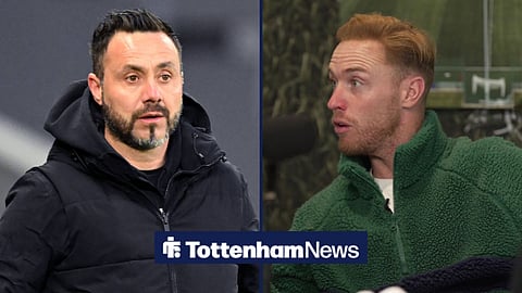 Tottenham head coach Roberto De Zerbi looking at Jason Steele, who is speaking on a podcast.