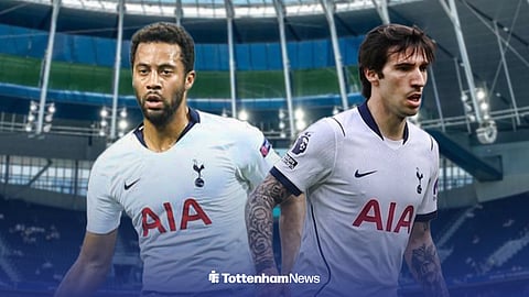 Mousa Dembele and Sandro Tonali in a Tottenham kit, with Tottenham Hotspur Stadium behind them