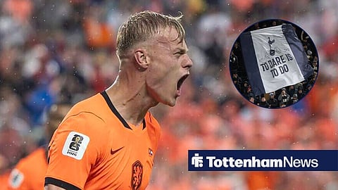 Jan Paul van Hecke in action for the Netherlands at the World Cup, next to image of Tottenham fans.