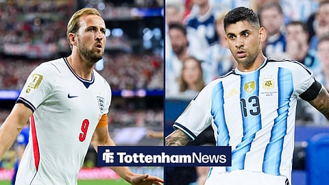 Harry Kane celebrating scoring for England at the World Cup in a 50/50 split image next to Cristian Romero, who is in action for Argentina at the World Cup, 2026.