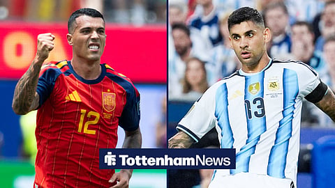Pedro Porro in a Spain shirt and Cristian Romero in an Argentina shirt, both playing during the 2026 World Cup.