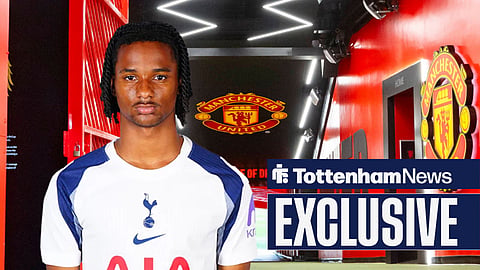 Tynan Thompson in a Tottenham shirt, with Manchester United's Old Trafford stadium in the background