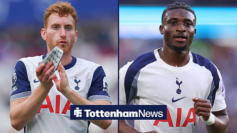 Split image of Tottenham forward's Dejan Kulusevski and Mohammed Kudus in action for Spurs
