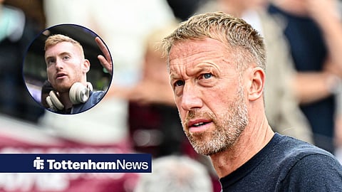 Dejan Kulusevski waving at the Tottenham Hotspur Stadium and Graham Potter pitchside.