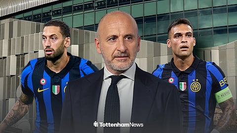Piero Ausilio, Lautaro Martinez and Hakan Calhanoglu ahead of the Tottenham Hotspur Stadium