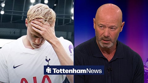 A 50:50 image showing Tottenham defender Jan Paul van Hecke with his head in his hands on one side. On the right is Alan Shearer on Match of the Day.