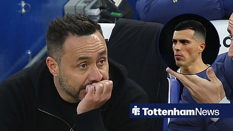 Roberto De Zerbi in the dugout at the Tottenham Hotspur Stadium and Pedro Porro in action for Spurs