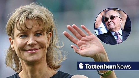 Amanda Staveley waving, with Joe Lewis in a circular frame inset to her right