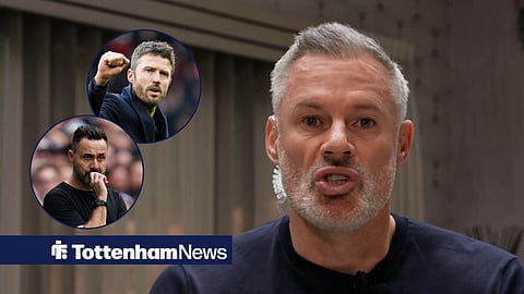 Jamie Carragher speaking in an interview, with Roberto De Zerbi and Michael Carrick in circular frames inset
