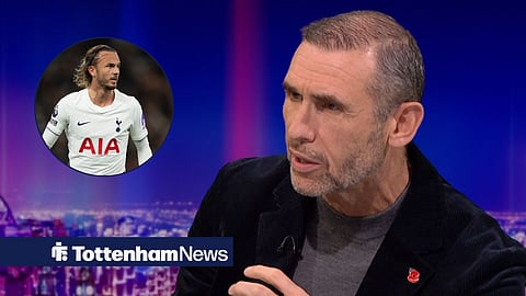 Martin Keown discusses James Maddison on BBC's MOTD. To the left of him is a circle frame with James Maddison in action for Spurs.
