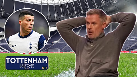 Jamie Carragher in disbelief over what Pedro Porro did at Tottenham. Credit: Imago / The Overlap YouTube