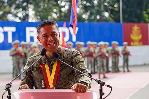 The Chief of Staff, Armed Forces of the Philippines, General Romeo S Brawner Jr talks to the troops during his official visit to the Philippine Marine Corps on 23 January 2024 in Fort Bonifacio, Taguig City.