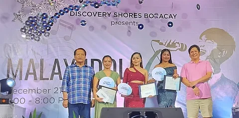 Malay Idol winners with Aklan, Boracay Mayor Frolibar Bautista (left most) and Discovery Shores Boracay Hotel Manager Erwin Lopez (right most). CONTRIBUTED PHOTO