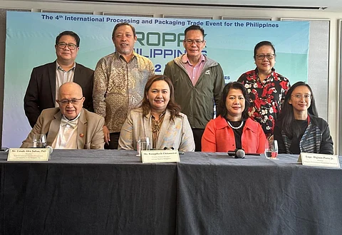 Photograph courtesy of Propak Phils.
At the ProPak launch are (from left, standing) Bobby Candelaria, president, Production and Operations Management Association of the Philippines; Alex Sultan, PhD, president, Halal International Chamber of Commerce and Industries of the Philippines Inc.; Engr. Higinio Porte Jr., president, Philippine Pharmaceutical Manufacturers Association, and Evangeline Orejola, president, Chamber of Herbal Industries of the Philippines. While seated (from left) are Atty. Dominador Buhain Jr., chairman and past president, Philippine Printing Technical Foundation; Rungphech Chitanuwat, country general manager, Informa Markets Philippines; Julieta Austria, president, Philippine Association of Food Technologists Inc., and Maria Liza Sandina David, program management office, Department of Trade and Industry-One Town, One Product.