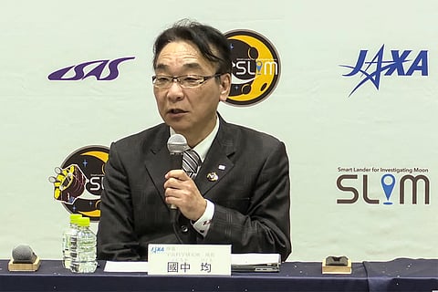 This screen grab taken on 20 January 2024 from the Japan Aerospace Exploration Agency video broadcast via YouTube shows Hitoshi Kuninaka, director general for ISAS/JAXA, speaking during a press conference in Sagamihara, Kanagawa prefecture, south of Tokyo. Japan became on 20 January only the fifth nation to achieve a "soft landing" on the Moon, but its space agency said that the craft's solar cells were not generating power.