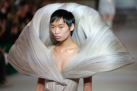 A model presents a creation by Gaurav Gupta during the Women's Haute-Couture Spring/Summer 2024 Fashion Week in Paris on 25 January 2024.
