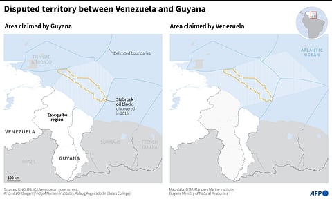 A map locating the Essequibo territory, disputed between Venezuela and Guyana, the areas claimed by each country as well as the giant Stabroek oil block.
