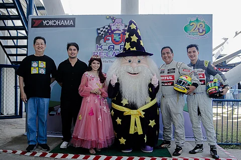 (L-R) EK President and CEO Mario O. Mamon, international race car driver Marlon Stockinger, and EK’s Princess Victoria and Eldar the Wizard.