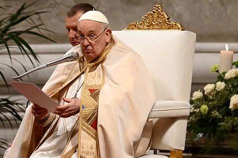 Pope Francis speaks during a mass at St Peter’s basilica for the Feast of the Presentation of the Lord on February 2, 2024 in The Vatican.