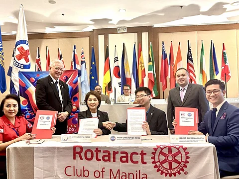 A Memorandum of agreement forging Philippine Red Cross' partnership with the Rotary Club of Manila, and the Rotaract Clubs of Manila and De La Salle University to secure a sustainable supply of blood was signed at the Manila Polo Club last 8 February 2024. Signatories (seated, left to right) were Dr. Christie Monina Nalupta, PRC director for Blood Services; PRC secretary general Gwendolyn T. Pang, Rotaract Club of Manila president Arvin Christopher Reyes; and Joshua Reuben Aragon, chairman of RC Manila's Committee on Emergency and Disaster Relief with (standing at left) RC Manila president Rafael Alunan III and (standing, right) RC Manila member Dr. Paul Anthony T. Koh.