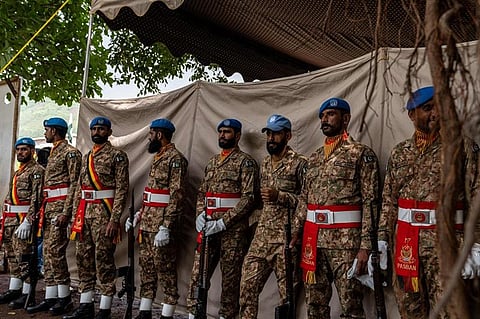 Pakistani peacekeepers from the United Nations Organization Mission for the Stabilization of the Congo (MONUSCO) line up at their base in Kamanyola, eastern Democratic Republic of Congo on February 28, 2024. AFP