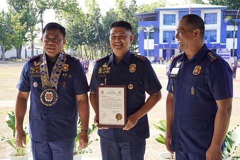 From left: Mimaropa Police Regional Office Director Brigadier General Roger Quesada, with PPCPO City Director Colonel Ronie Bacuel and PPPO Provincial Director Carlito Narag, during his visit on 23 February 2024 as part of his routine tour to police stations.