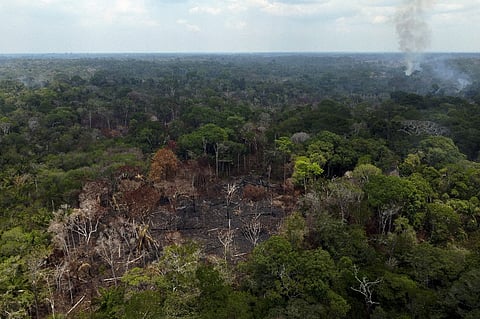 This aerial view shows a deforested and burning area of the Amazon rainforest in Autazes, Amazonas, Brazil, on September 22, 2023.
