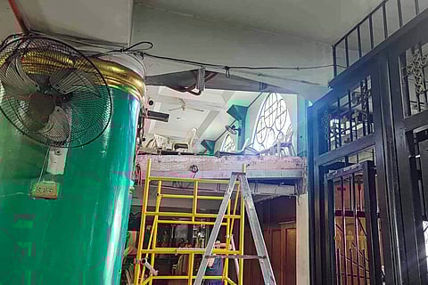 This photo shows a general view of a partially collapsed balcony inside a church in San Jose del Monte, Bulacan, on 14 February 2024. Fifty-four people were injured when a packed Catholic church balcony collapsed during Ash Wednesday service in the Philippines on Wednesday, city disaster officials said.