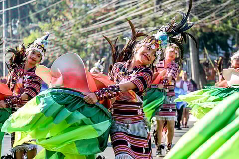 PANAGBENGA 2024. Contingents show off their skills at the grand street dancing event of the 28th Panagbenga Festival in Baguio City on Saturday, 24 February 2024. There are at least six contingents in the elementary drum and lyre category in the street dancing parade, cultural groups, and seven in the festival dance category, including six outside contestants from Nueva Ecija, Pangasinan, Ilocos Sur, and Kalinga.