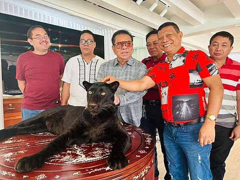 Former Ilocos Sur governor and business tycoon Luis “Chavit” Singson (3rd from left) shows his black Leopard and jokingly told the leaders of various transport groups that they will be answerable to his leopard if they fail to repay him.