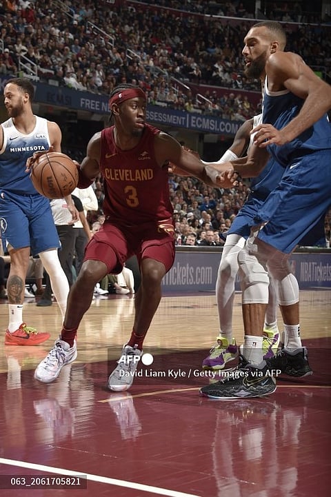 Caris LeVert #3 of the Cleveland Cavaliers handles the ball during the game against the Minnesota Timberwolves on 8 March 2024 at Rocket Mortgage FieldHouse in Cleveland, Ohio.