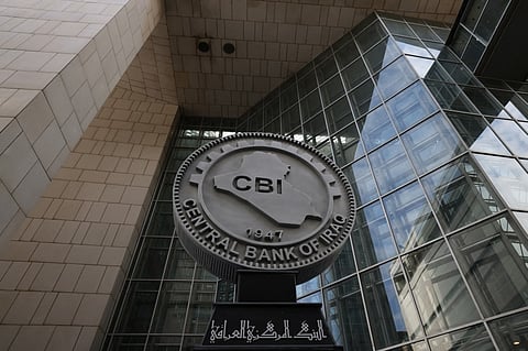 A picture taken on 25 March 2024, shows the entrance of the Central Bank of Iraq in the capital Baghdad.