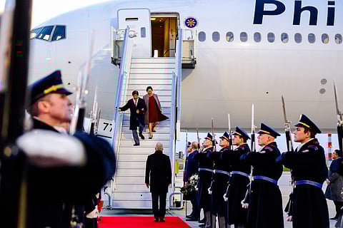 Double time For the second leg of his two-country Central Europe visit, President Ferdinand Romualdez Marcos Jr., seen here with First Lady Liza Araneta-Marcos, arrives in Prague, Czech Republic, following what has been reportedly ‘productive’ visit to Germany. This year, the Office of the President has a budget of P1.4 billion for missions and state visits, as well as P1.1 billion for traveling expenses.