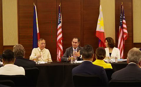 The Private Sector Advisory Council's lead convenor, Sabin Aboitiz, also the president and CEO of the Aboitiz Group (center), addresses representatives of US firms in the Presidential Trade and Investment Mission, led by United States Secretary of Commerce Gina Raimondo (right). Also in the photo is the Department of Information and Communications Technology Secretary, Ivan John Uy (left).